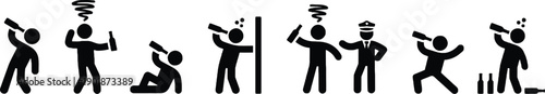 Drunk people icons set, showing figures in various states of intoxication including holding bottles, stumbling, and falling for nightlife and hazardous behavior concepts