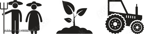 Farmers couple and tractor icon set, symbolizing agriculture, rural life, and farming industry, with plant sprout illustration, on transparent background.