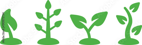 Four green seedling sprouts in various stages of growth, depicted as flat silhouettes, emerging from the ground on a transparent checkered background.