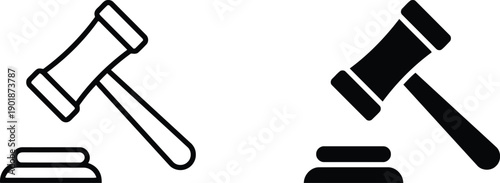 Gavel and sounding block icon set outline and filled, judge hammer symbol, legal justice auction equipment vector illustration