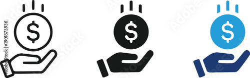 Hand holding coin with dollar sign representing payment donation earning and financial transaction icons in outline solid and colored versions