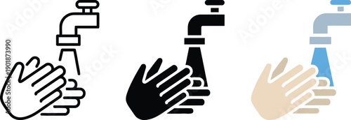 Hand washing icons, water flowing from faucet over hands, soap bubbles, clean hands, hygiene, medical, three styles including line art, solid black, and colored for health and cleanliness