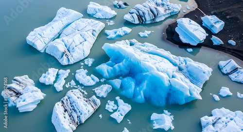 Overhead drone photo of glacier lagoon icebergs floating blue ice and black sand beach