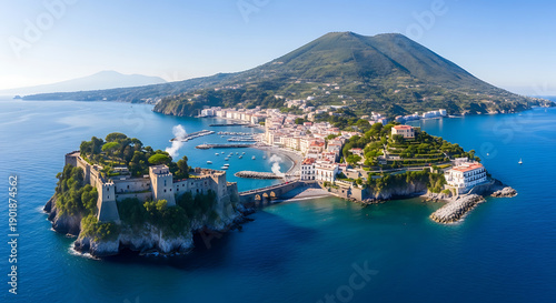 Drone view of Ischia island thermal springs medieval castle and lush gardens Italy