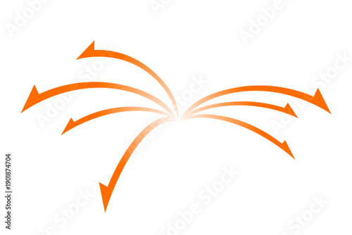 中央から放射状に分岐するオレンジの曲線矢印イラスト｜拡散・方向・流れ・成長を表すシンプル素材