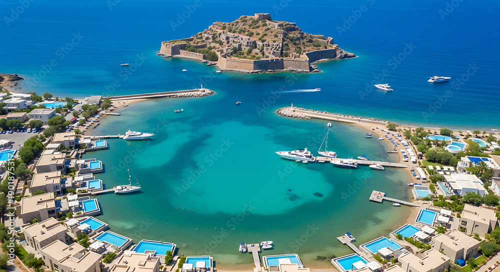 Obraz premium Overhead drone photo of Elounda lagoon luxury resorts Spinalonga island and Mirabello Bay