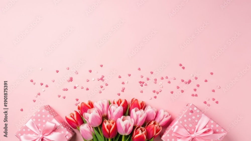 Fototapeta premium Pink Tulips and Polka Dot Gift Boxes with Heart Confetti on Pink Background