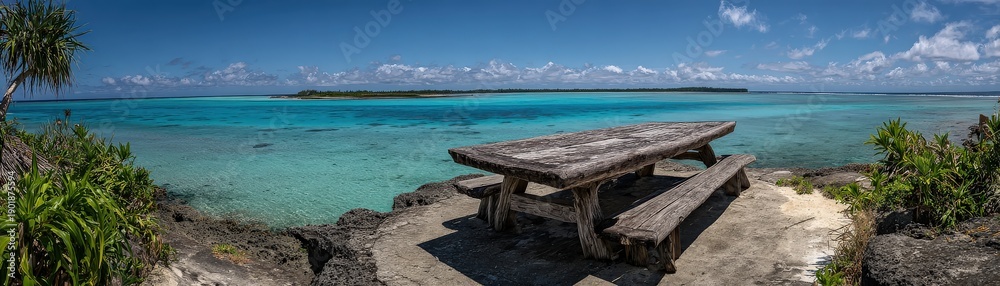 Fototapeta premium A serene coastal scene featuring a weathered picnic table overlooking clear turquoise waters and tropical foliage under a bright blue sky.