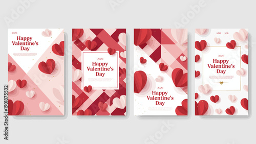 Set of elegant Valentine's Day banners featuring a vibrant mix of red and pink paper-cut hearts, geometric backgrounds, and romantic patterns, ideal for digital greetings and promotional material