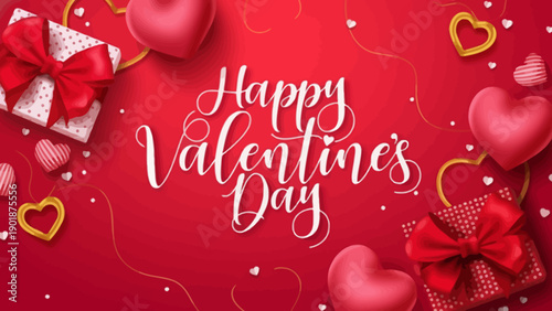 Festive Valentine's Day Greeting with Romantic Heart Decorations and Gift Boxes