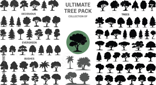 tree illustration collection, multiple species vector set for landscape architecture, environmental projects, and nature-focused graphic design