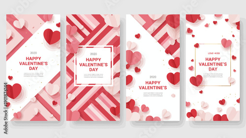 Beautiful Valentine's Day themed social media story templates with pink and red hearts and patterns, perfect for love and romance announcements