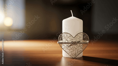 White candle with a decorative heart ornament, symbolizing love, remembrance, and peace, set on a wooden surface with soft lighting