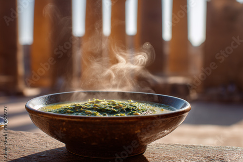 Healthy green Molokhia soup in a cultural Egyptian setting