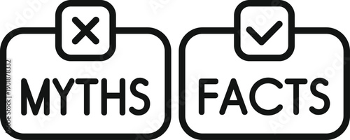 Outline icon representing the comparison between myths and facts with check and cross symbols