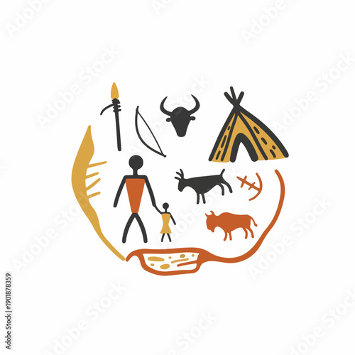 Flat Design Primitive Cave Painting Ancient Scene Culture Illustration