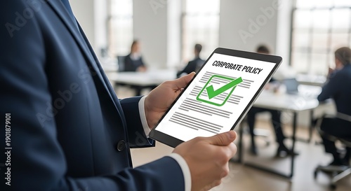 Businessman reviewing corporate policy on digital tablet in office environment