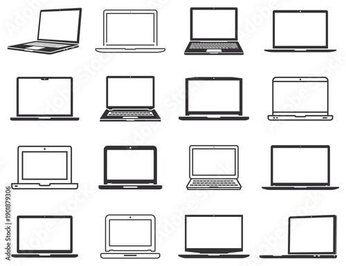 Laptop icons set. Laptop computers in different styles. Notebook flat and line icons collection. Vector illustration.