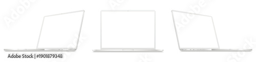 White laptop mockup. Clay laptop front and side view with blank screen isolated