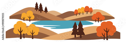 Flat graphic illustration of an autumn landscape depicting colorful trees, rolling hills, and a serene lake for seasonal design