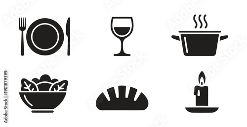 Romantic dinner setting icons including plate fork knife wine glass hot pot salad bread and candle for special evening celebration romantic ambiance and fine dining experiences.