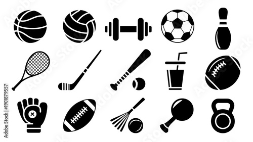Sports Icons: A collection of various sports icons in a flat, monochromatic design, perfect for illustrating athletic activities and leisure pursuits. 