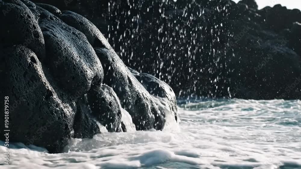 custom made wallpaper toronto digitalClose-up view of water cascading over dark, textured rocks, creating a dramatic, foamy splash