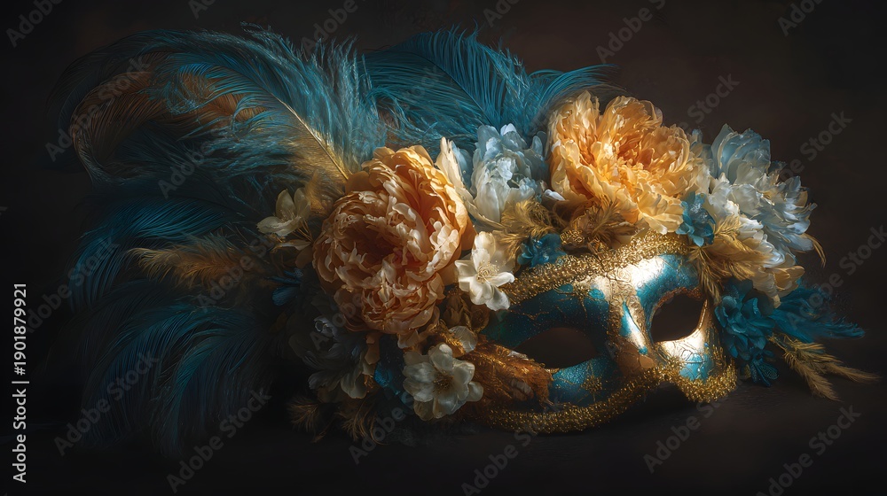 Fototapeta premium Elegant Venetian Mask with Feathers and Floral Embellishments in Dramatic Lighting.