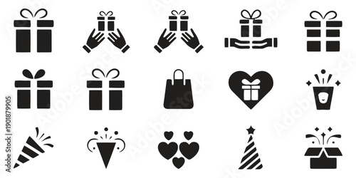 Set of holiday celebration icons including gift boxes hands giving presents shopping bag heart confetti and party popper for festive design elements