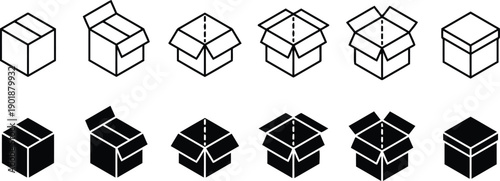 Set of isometric cardboard box icons, both open and closed, in outline and solid black styles, representing packaging and delivery for shipping and storage needs