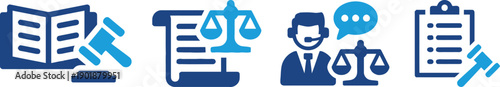 Set of legal symbols including law book gavel scroll scales of justice customer support representative with scales and checklist with cursor pointing to an item concept
