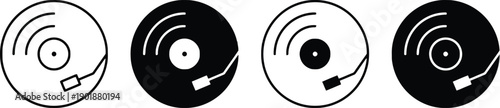 Set of vinyl record icons, black and white, showing turntable and disc with audio waves, representing music playback and vintage sound technology