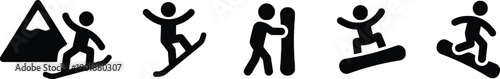 Snowboarding and winter sports icons, featuring person on snowboard near mountain, dynamic poses of snowboarders in action, individuals preparing board, and dynamic descent down slope