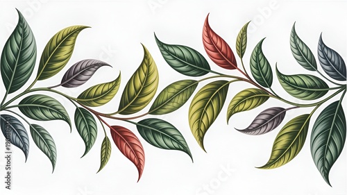 Ornate Border of Autumn Leaves in Various Shades of Green and Red