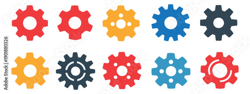 Flat graphic gear icon set featuring multiple colorful designs for design, engineering, or technology concepts