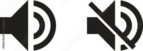 Sound volume icons depicting audio levels and muting. Includes speaker icon with sound waves and a crossed-out speaker icon for silent mode. Essential 