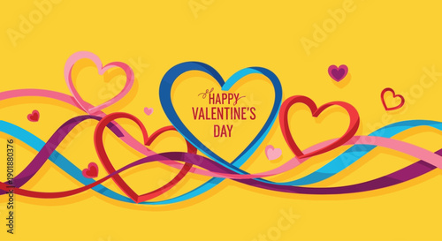 A colorful Valentine's Day graphic with hearts and ribbons on a yellow background