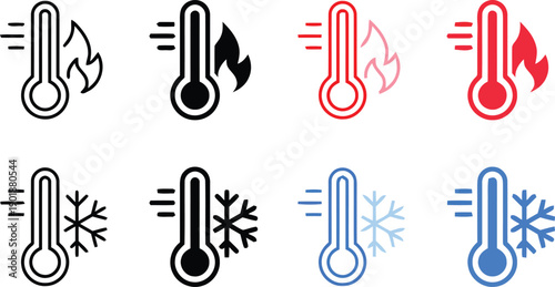 Thermometer icons showing hot and cold temperatures with flames and snowflakes indicating heat and frost levels for weather or body temperature monitoring