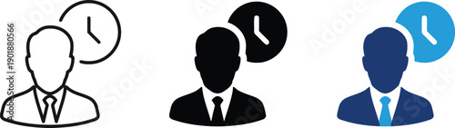 Time management icons featuring businessman silhouette with clock, in outline, solid black, and blue/dark blue versions, indicating scheduling or 