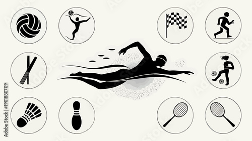 Embracing the World of Sports: An engaging collection of athletic icons, including the silhouette of a freestyle swimmer, showcases various sporting activities