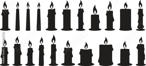 Variety of candle silhouettes in different shapes and sizes, including tall, short, tapered, and drippy designs, representing light, warmth, and atmospheric elements for events