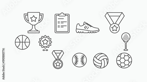 Sports Icons: A collection of various line icons. Represents sports equipment and awards, perfectly suitable for sports related projects.