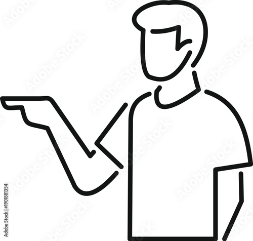 Man icon gesturing with a pointing finger in an outline style