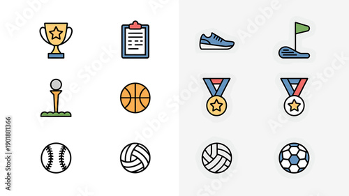 Iconic Sports Symbols: A vibrant array of illustrated sports icons, each representing a different game or activity, perfect for any sports-related design. 