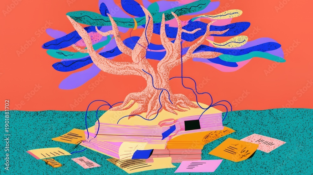 Obraz premium Colorful money tree growing from pile of books and documents expressing idea of financial knowledge education and creative investment opportunities
