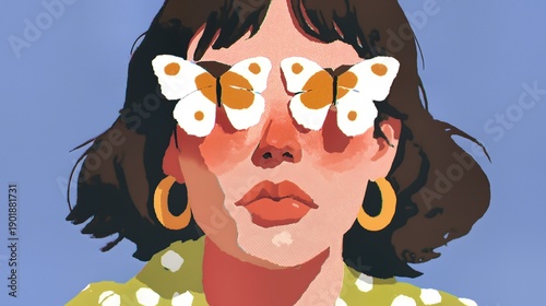 Wallpaper Mural Portrait of young woman with bold earrings and patterned top on blue background reflecting playful style creativity and contemporary identity Torontodigital.ca