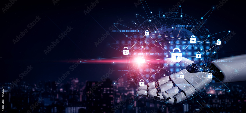 Fototapeta premium AI strengthens cybersecurity with smart threat detection, virtual firewalls, and automated systems to prevent breaches and attacks. Artificial intelligence spline