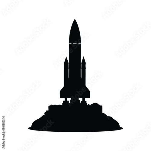 rocket on launch pad silhouette vector illustration, Bold futuristic rocket launch silhouette vector illustration on launchpad with space exploration theme