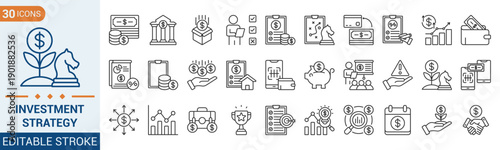 Investment Strategy icon collection set. Containing solution, wallet, budget, money, m-banking, investment, grow up and more. Illustration Eps 10