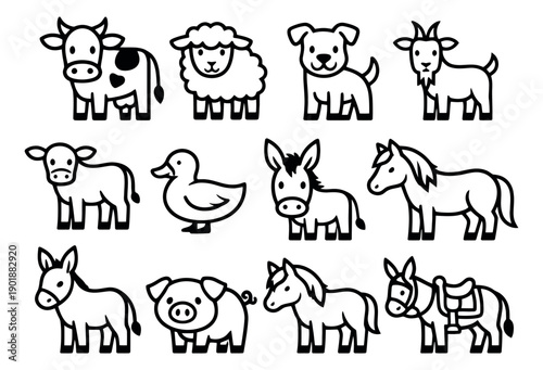 Hand drawn line art farm animals set featuring cows, sheep, dogs, goats, ducks, donkeys, pigs, and horses for kids